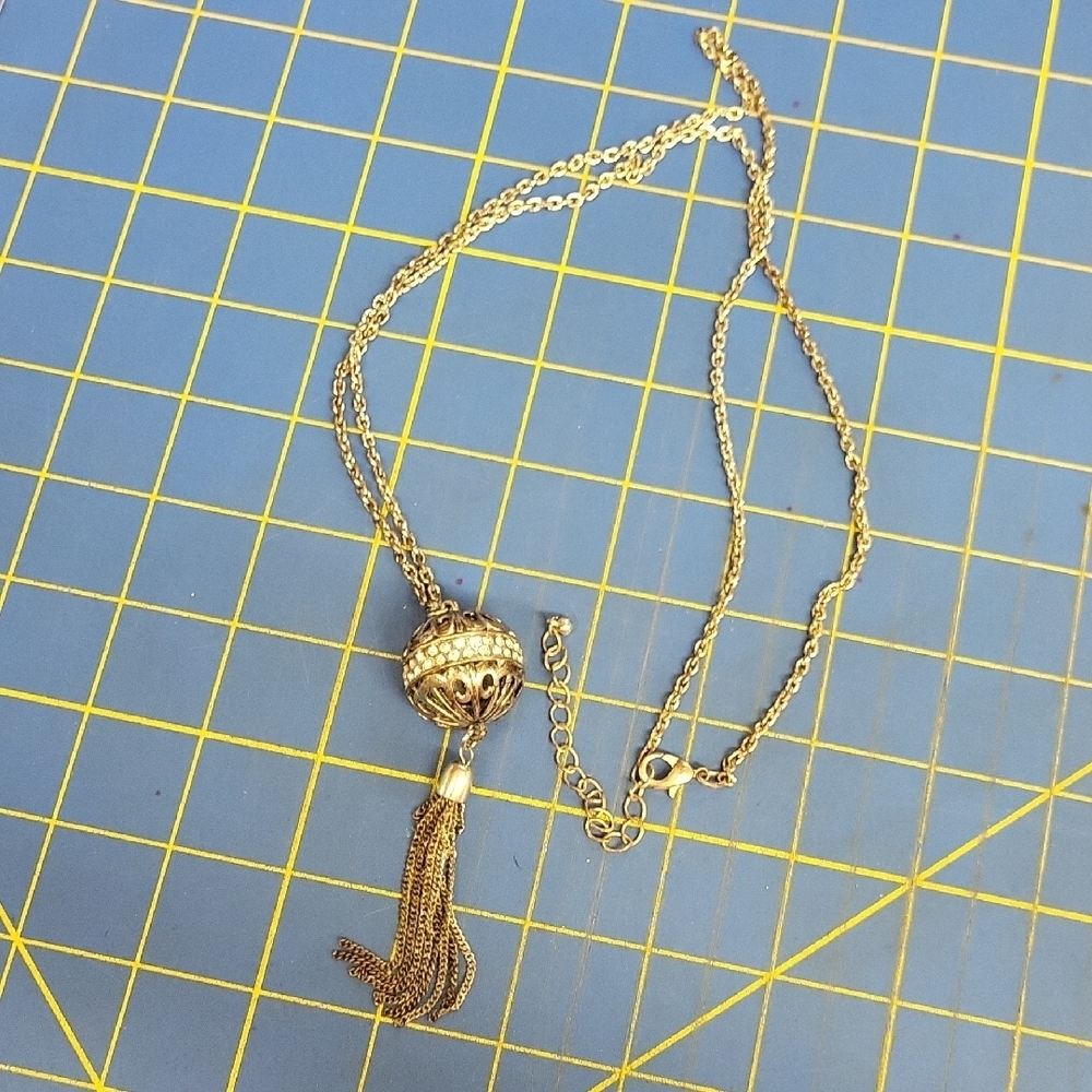 Vintage Gold Tone Rhinestone Intritque Ball Tassel 32"+3.5" Silver Tone Necklace